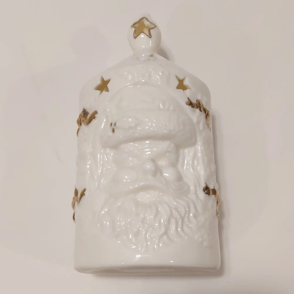 Vintage Candle Tea Lite Holder Santa Head White and Gold with cut out stars
